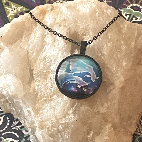 Pisces Zodiac Astrology Sign Glass Cabochon On Black Chain Pendant Necklace -New - Picture 2 of 6
